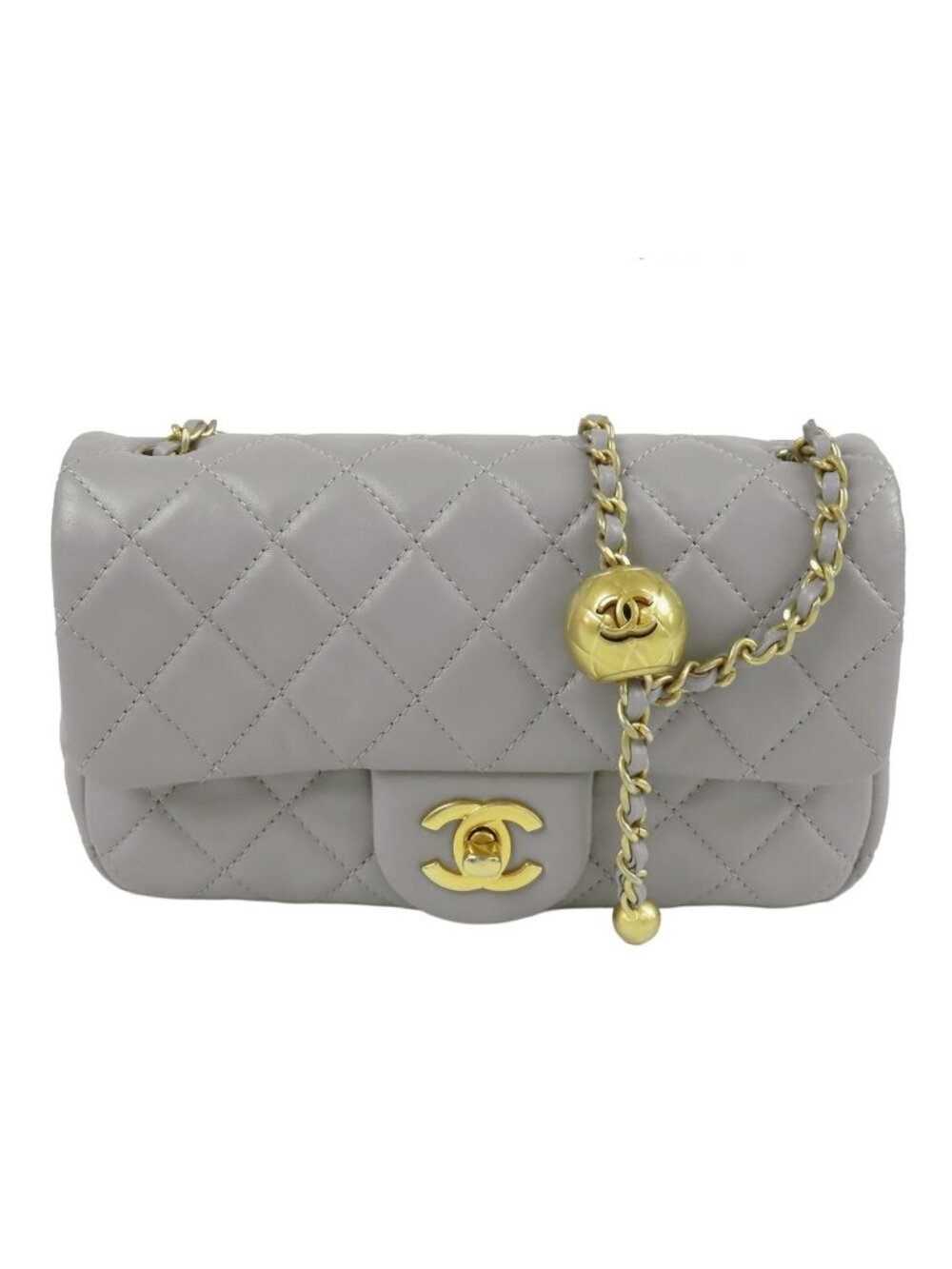 Chanel Chain Shoulder Bag Gray Gold Lambskin Mini Quilted 20 Coco Ball